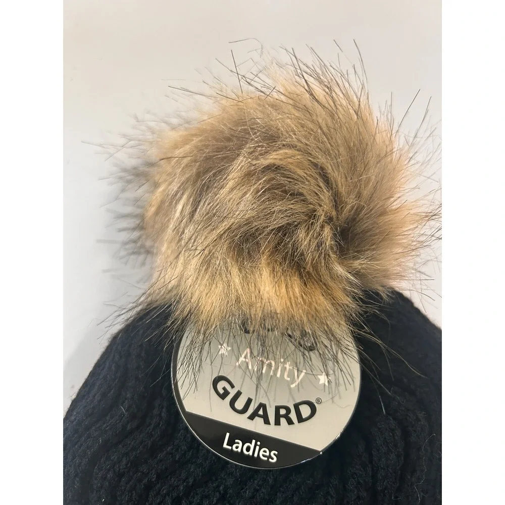 Women's Chunky Knit Winter Beanie with Pompom Ribbed Cap Black‎ Faux Fur Lining